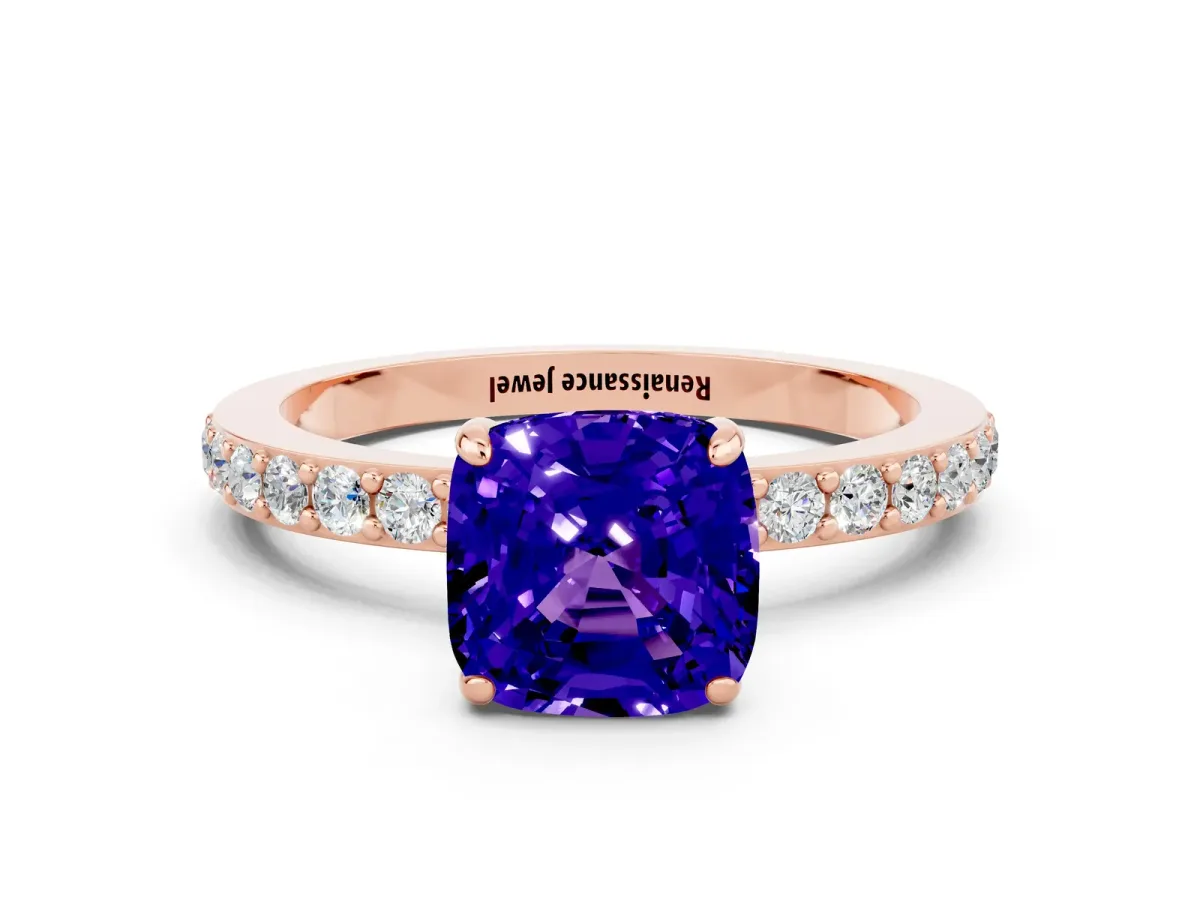 Cushion Cut Tanzanite Solitaire Engagement Ring with Pavé Band and Four-Prong Setting Rose gold