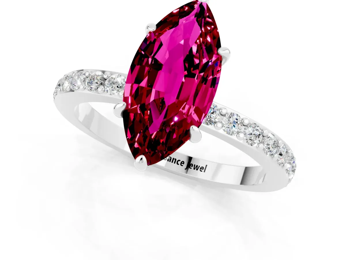 Marquise Cut Garnet Solitaire Engagement Ring with Pavé Band and Four-Prong Setting Silver