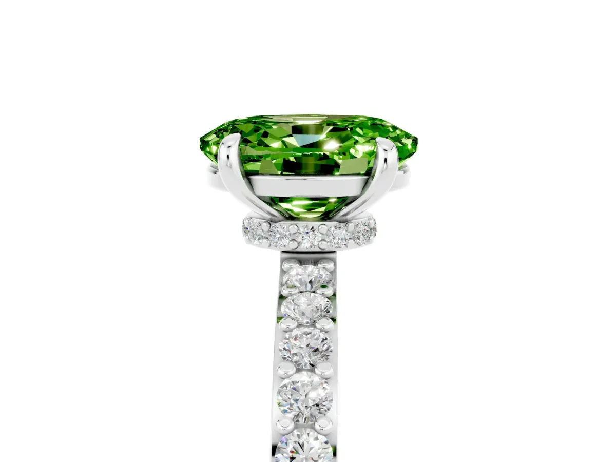 Oval Cut Peridot Solitaire Engagement Ring with Pavé Band and Four-Prong Setting Platinum