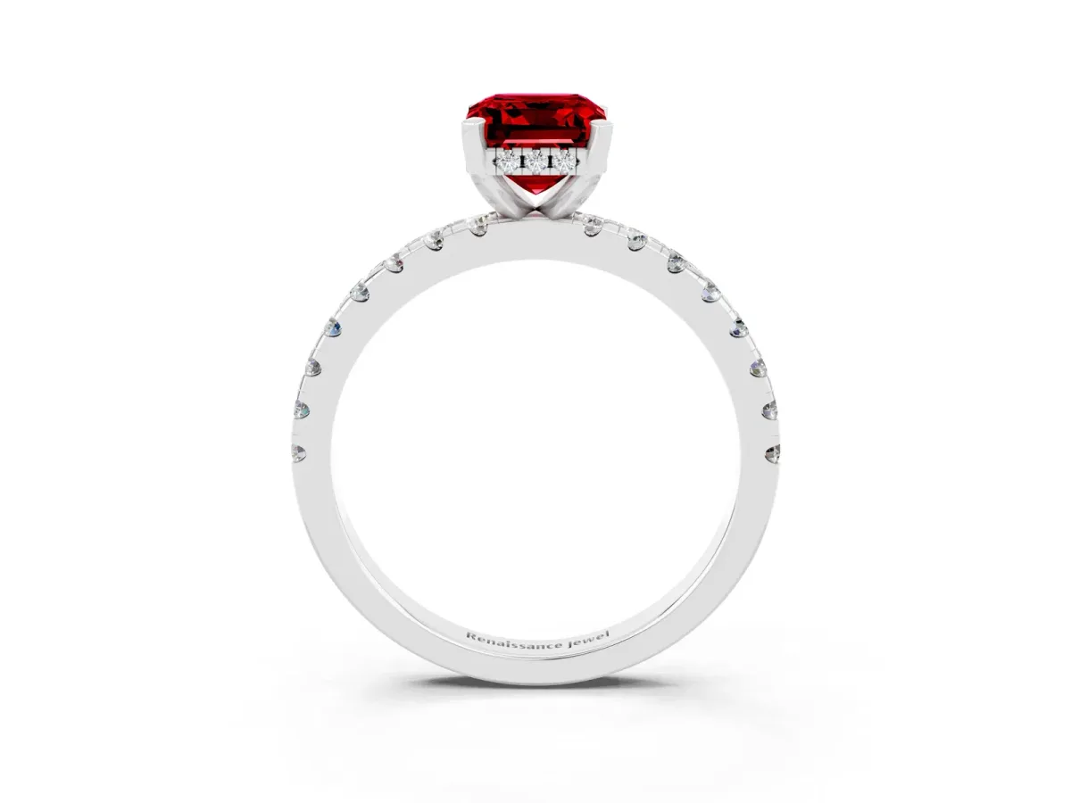 Emerald Cut Ruby Solitaire Ring with Round Pavé Band and Four-Prong Setting White gold