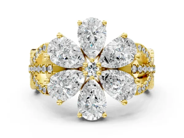 Pear Diamond Floral Ring with Round Diamond Accents Yellow gold
