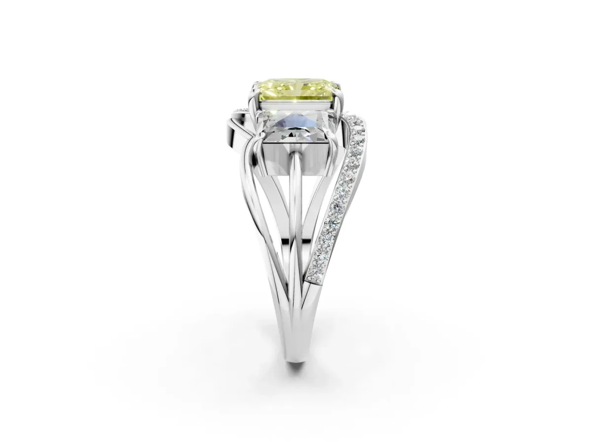 Fancy Yellow Three-Stone Radiant Cut Cut Diamond Split Shank Prong Set Ring Platinum