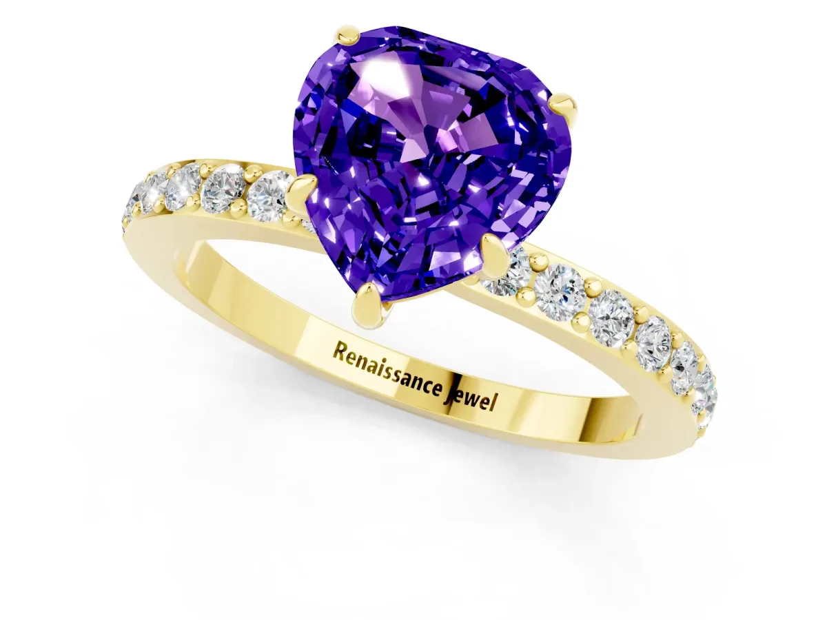 Heart Cut Tanzanite Solitaire Engagement Ring with Pavé Band and Four-Prong Setting Yellow gold