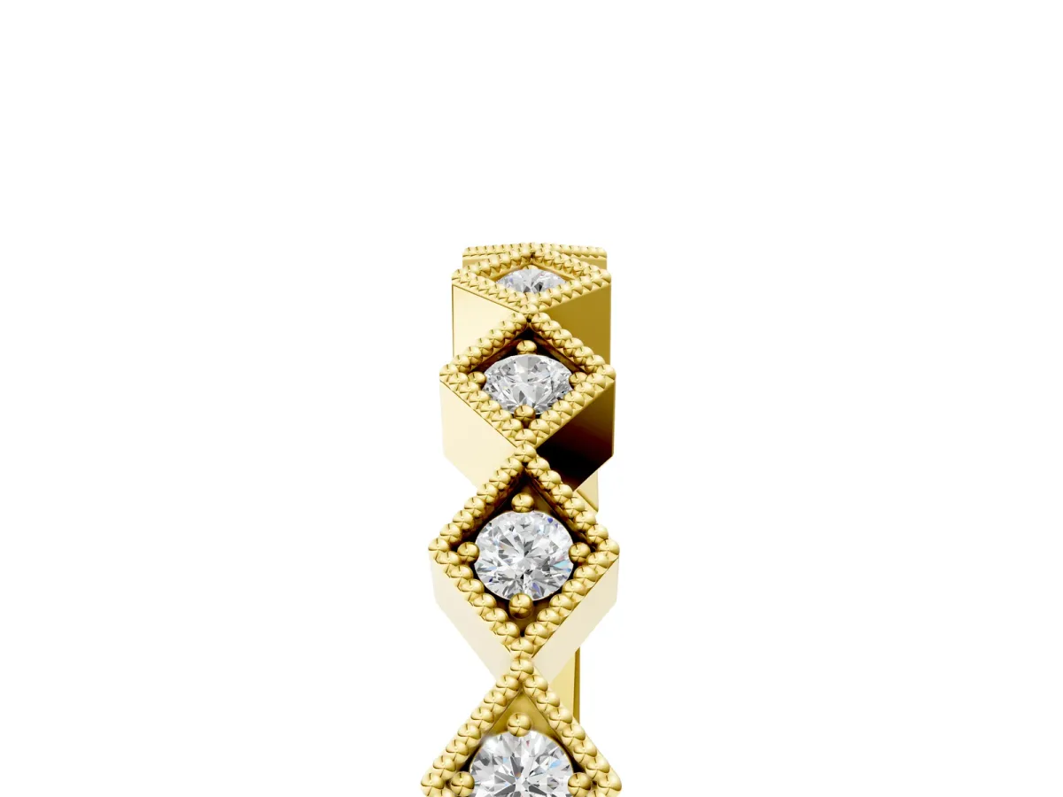 Milgrain Diamond Geometric Stackable Band with Round Cut Stones and Bezel Setting Yellow gold