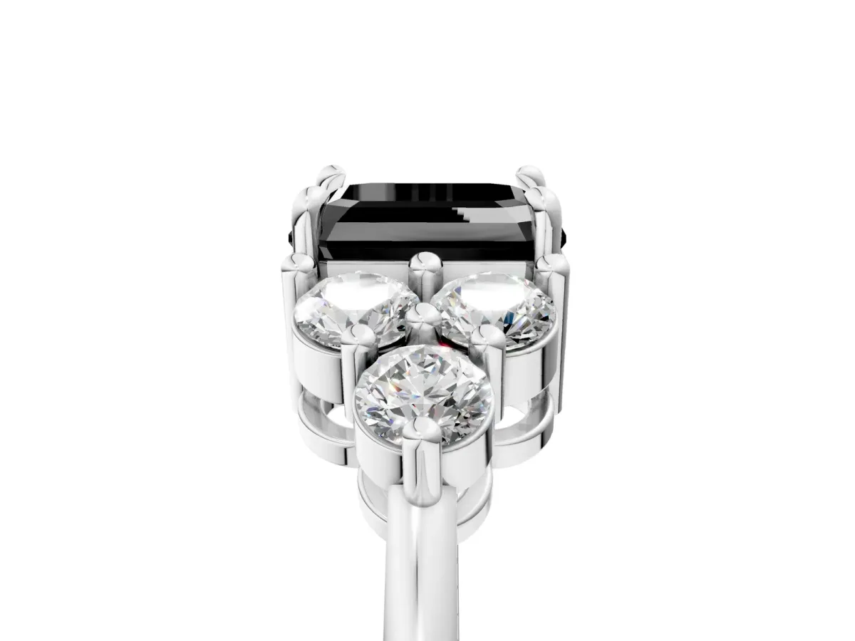 Fancy Black Asscher Cut Brilliant Diamond Cluster Accent Solitaire Ring with Prong Setting Platinum