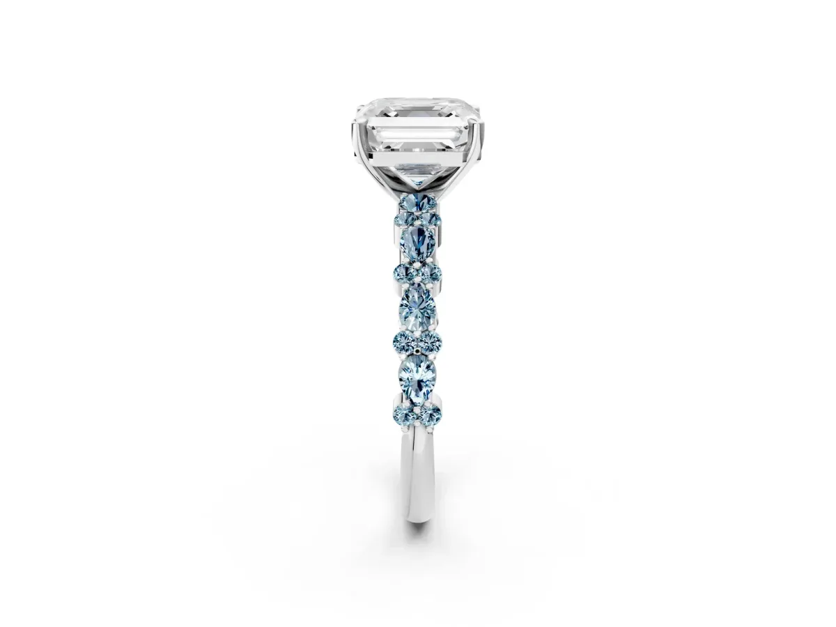 Asscher Cut Diamond Side Stone Solitaire Ring with Round Aquamarine and Four-Prong Setting Platinum