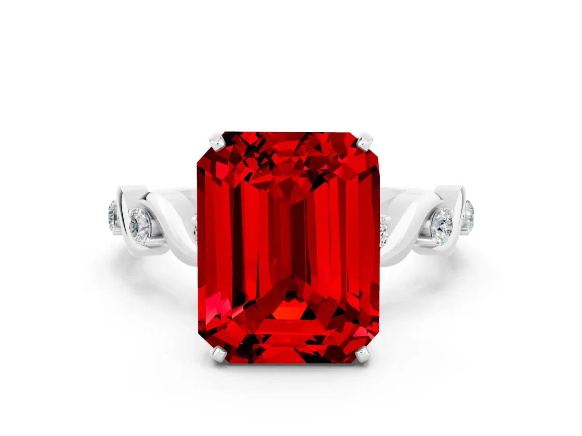 Emerald Cut Ruby Solitaire Twisted Band with Round Accents and Prong Setting Platinum