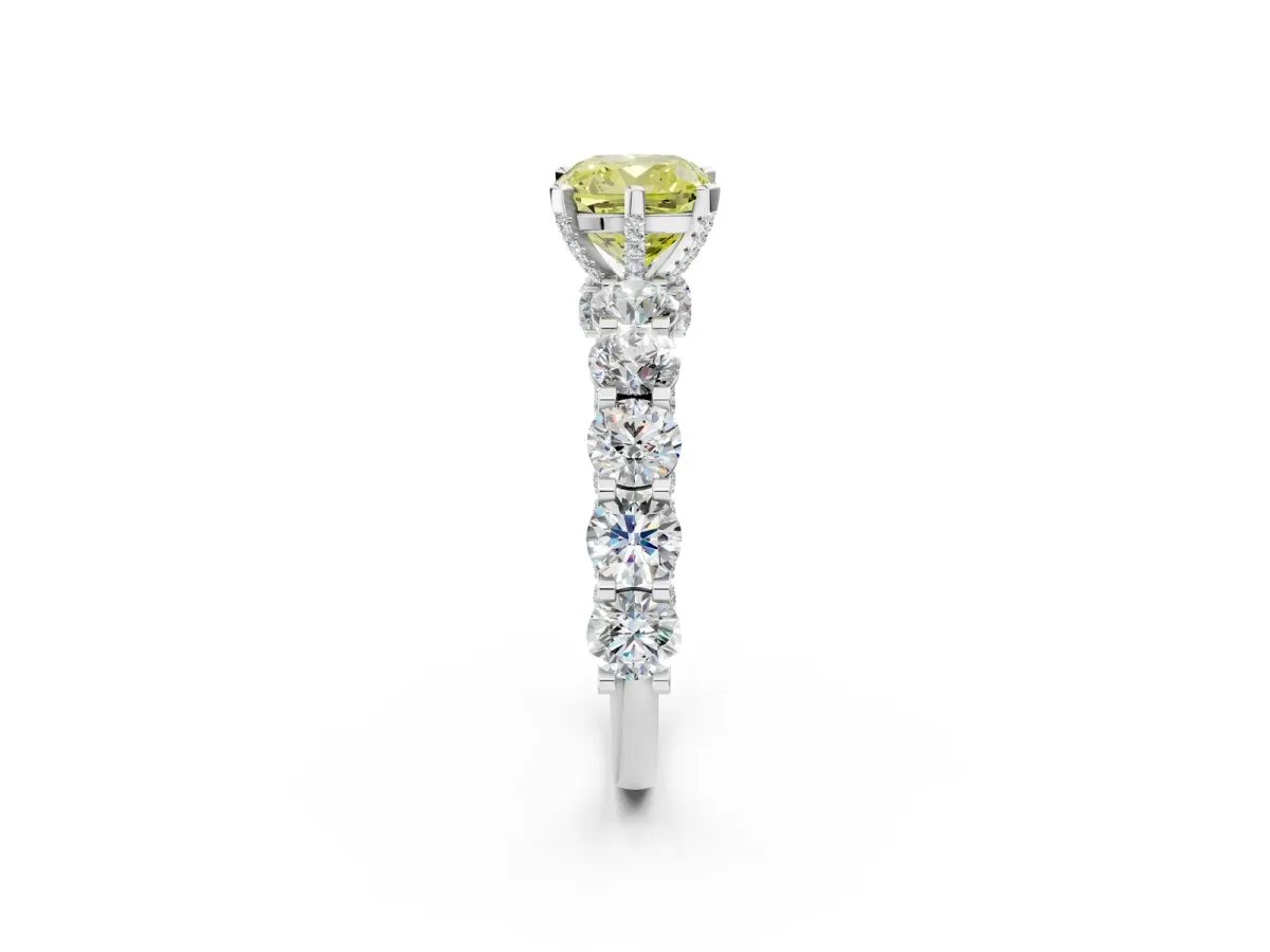 Fancy Yellow Cushion Cut Diamond Side Stone Engagement Ring with Four-Prong Setting White gold