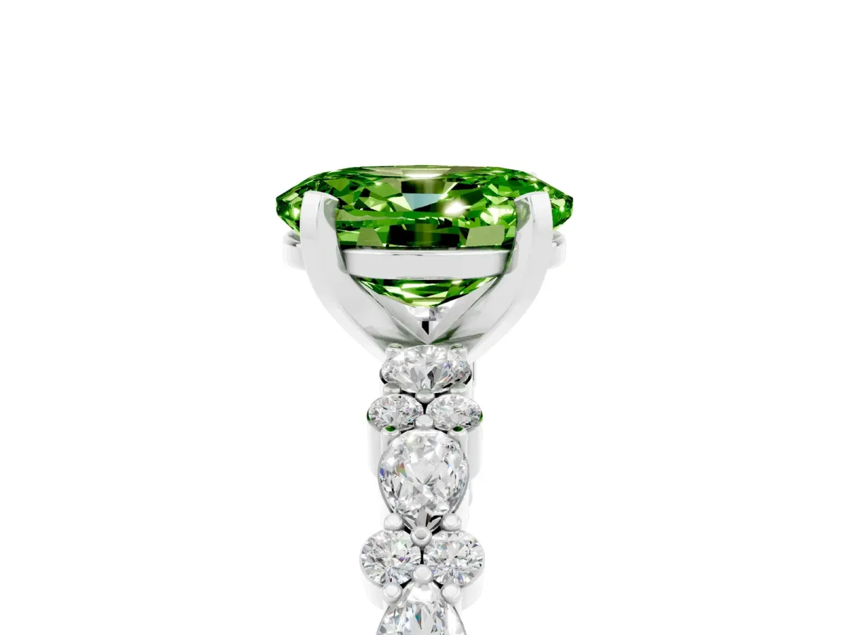 Oval Cut Peridot Side Stone Solitaire Ring with Round and Four-Prong Setting Platinum