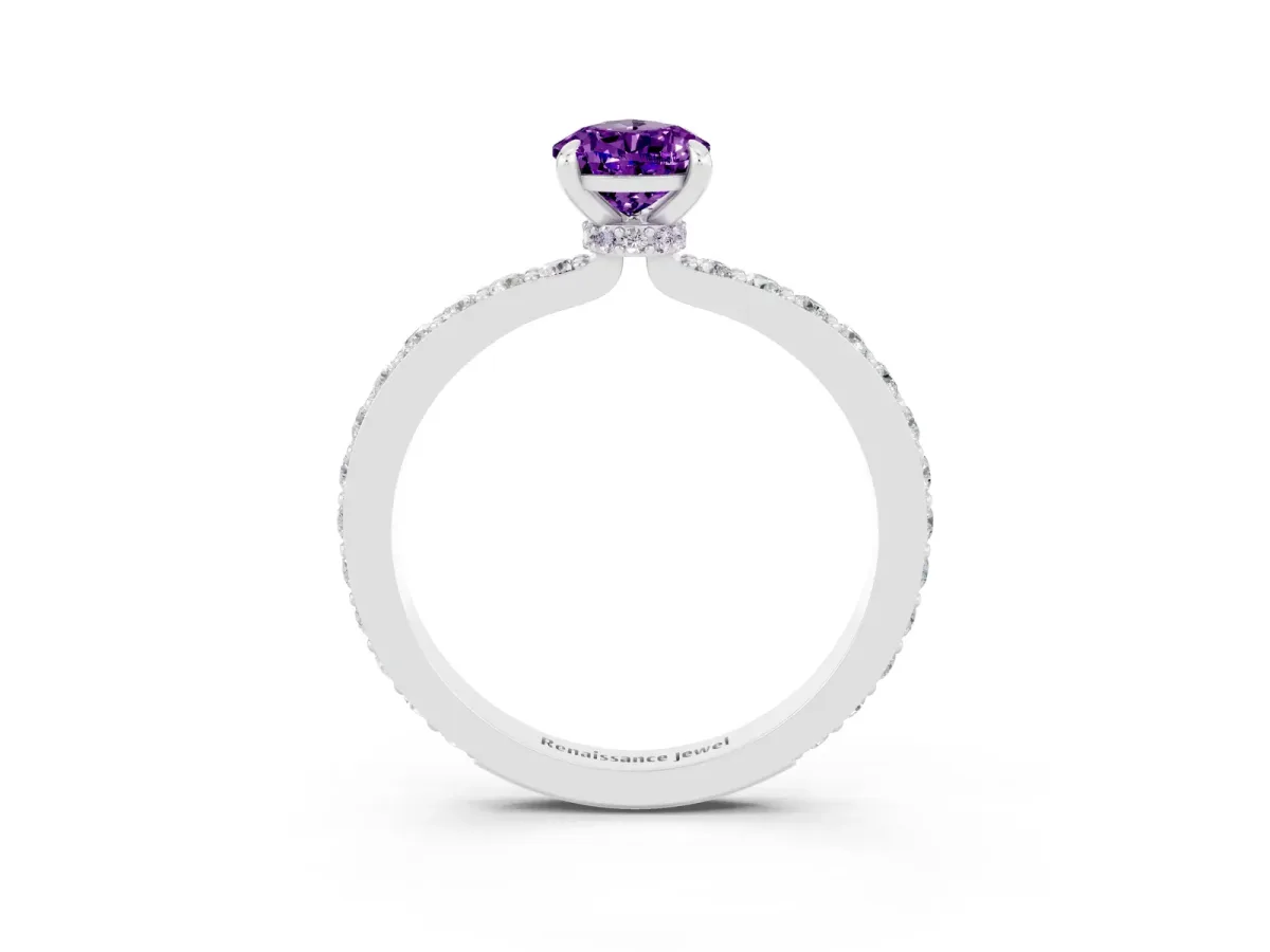 Pear Cut Amethyst Solitaire Engagement Ring with Pavé Band and Four-Prong Setting White gold