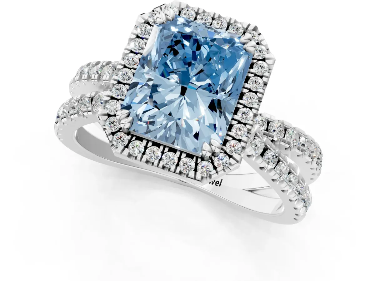 Fancy Blue Radiant Cut Halo Split Shank Diamond Ring with Pavé Setting Platinum