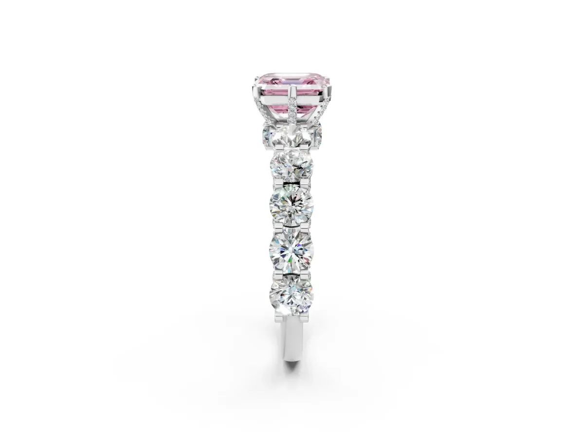 Fancy Pink Asscher Cut Diamond Side Stone Engagement Ring with Four-Prong Setting White gold