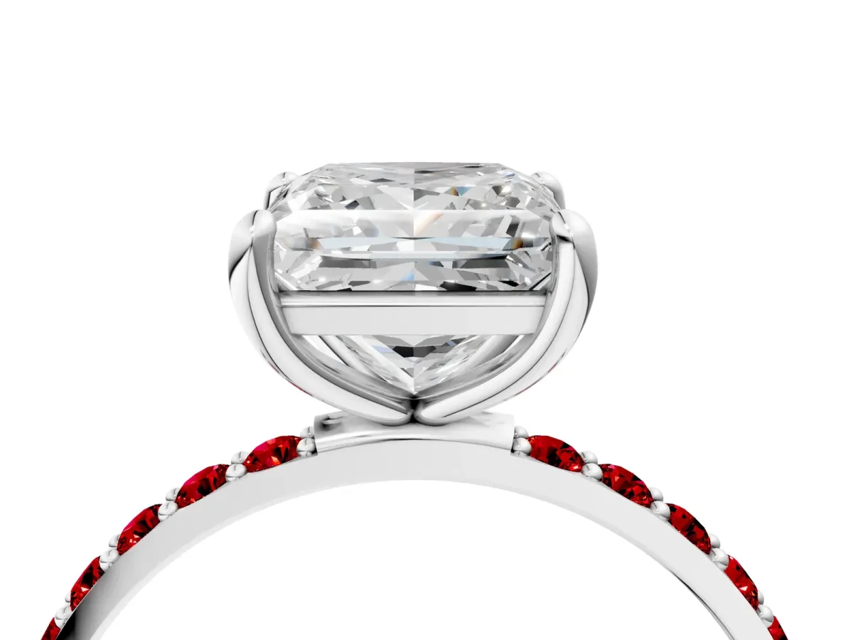 Princess Cut Diamond Solitaire Ring with Round Ruby Pavé Band and Prong Setting Platinum
