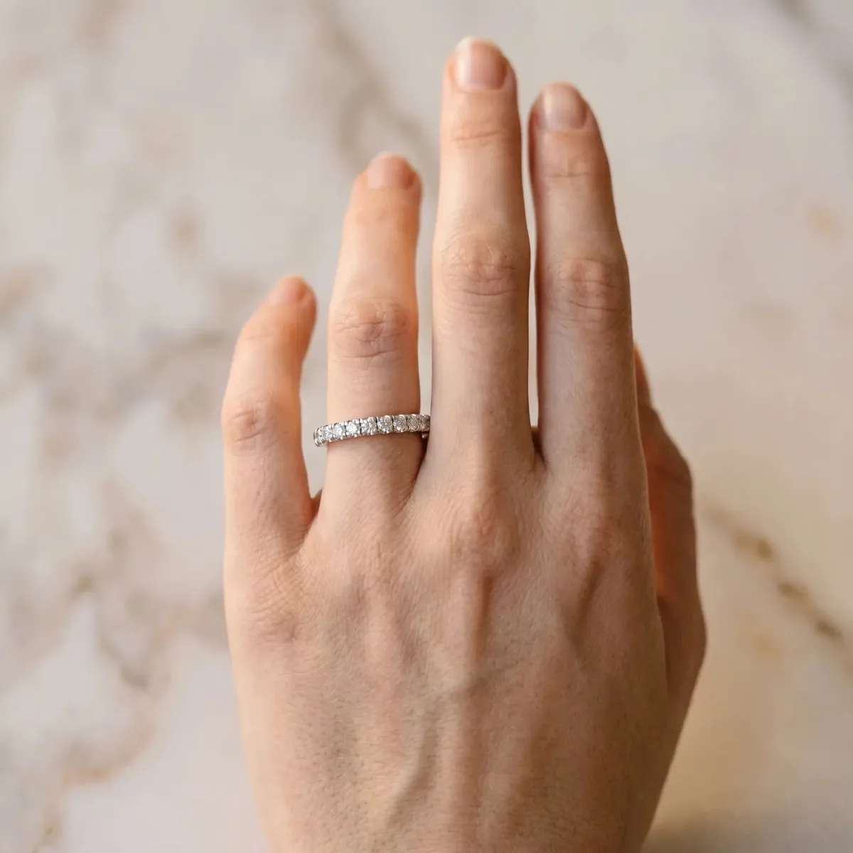 Pavé Round Diamond Half Eternity Band with Shared Prong Setting Platinum