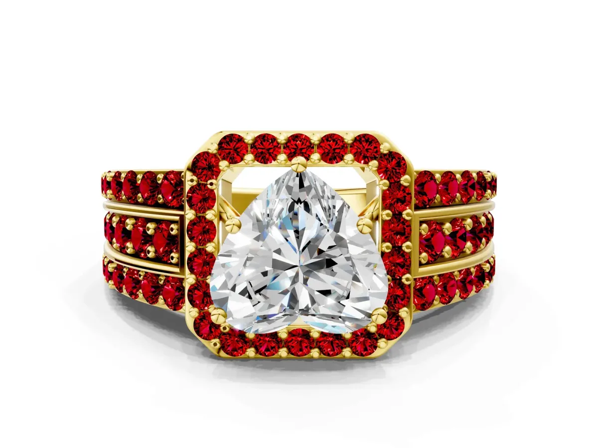 Heart Cut Halo Diamond Ring with Round Ruby Split Shank and Prong Setting Yellow gold
