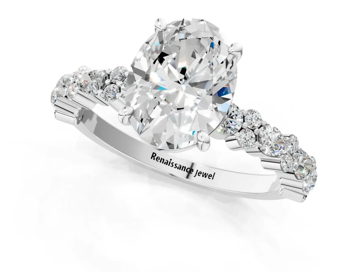 Oval Cut Diamond Side Stone Solitaire Ring with Round and Four-Prong Setting Silver