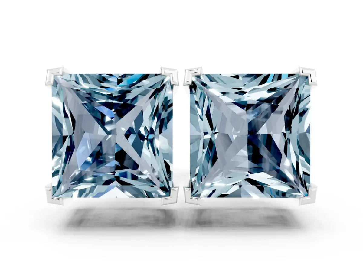 Princess Cut Aquamarine Stud Earrings Silver