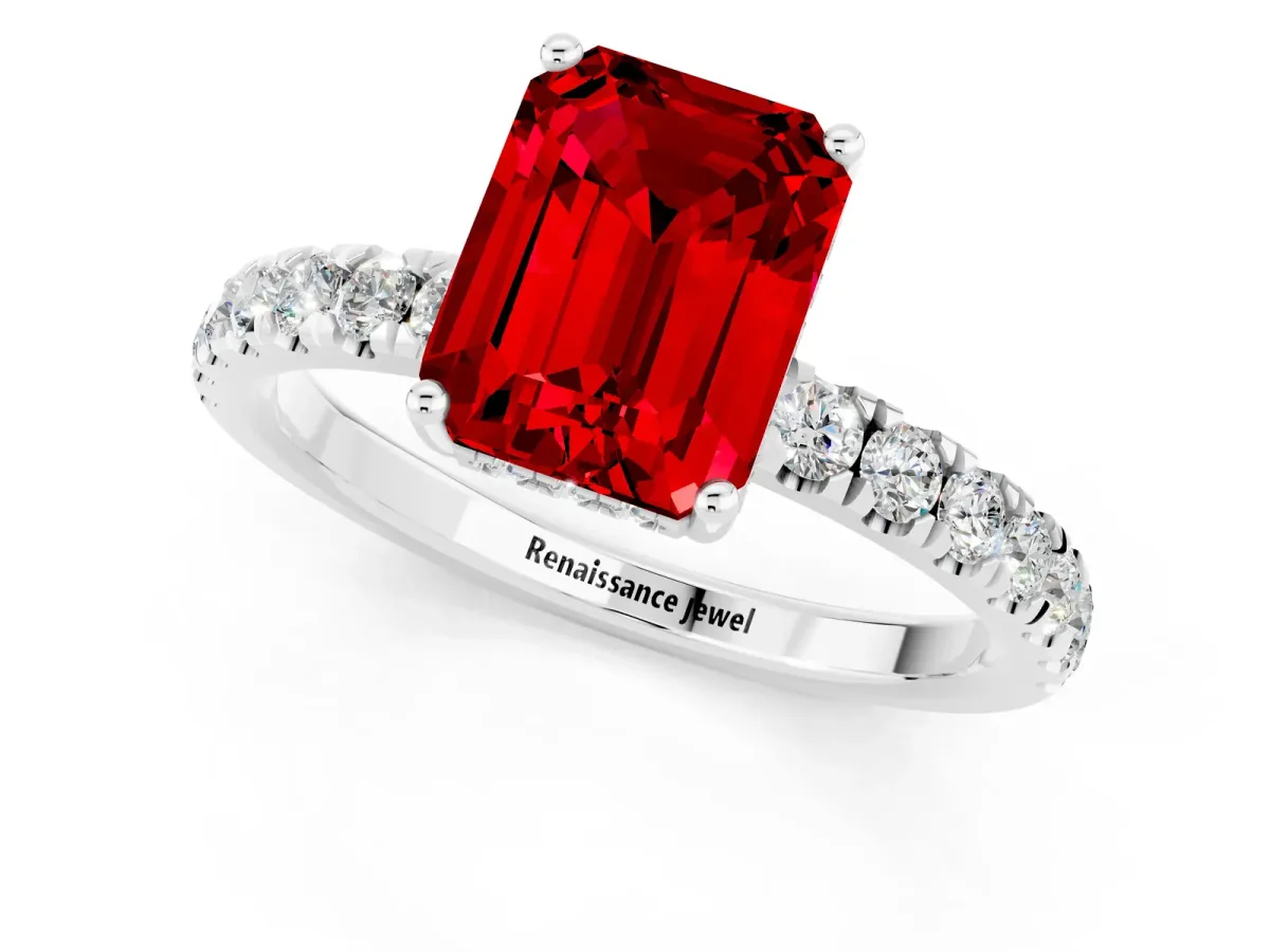 Emerald Cut Ruby Pave Band Solitaire Ring with Round and Prong Setting Platinum