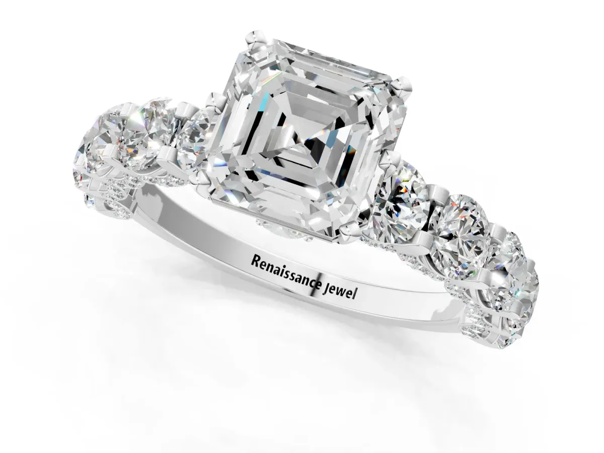 Asscher Cut Diamond Side Stone Engagement Ring with Four-Prong Setting White gold