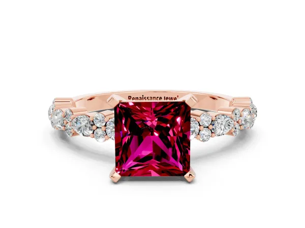 Princess Cut Garnet Side Stone Solitaire Ring with Round and Four-Prong Setting Rose gold