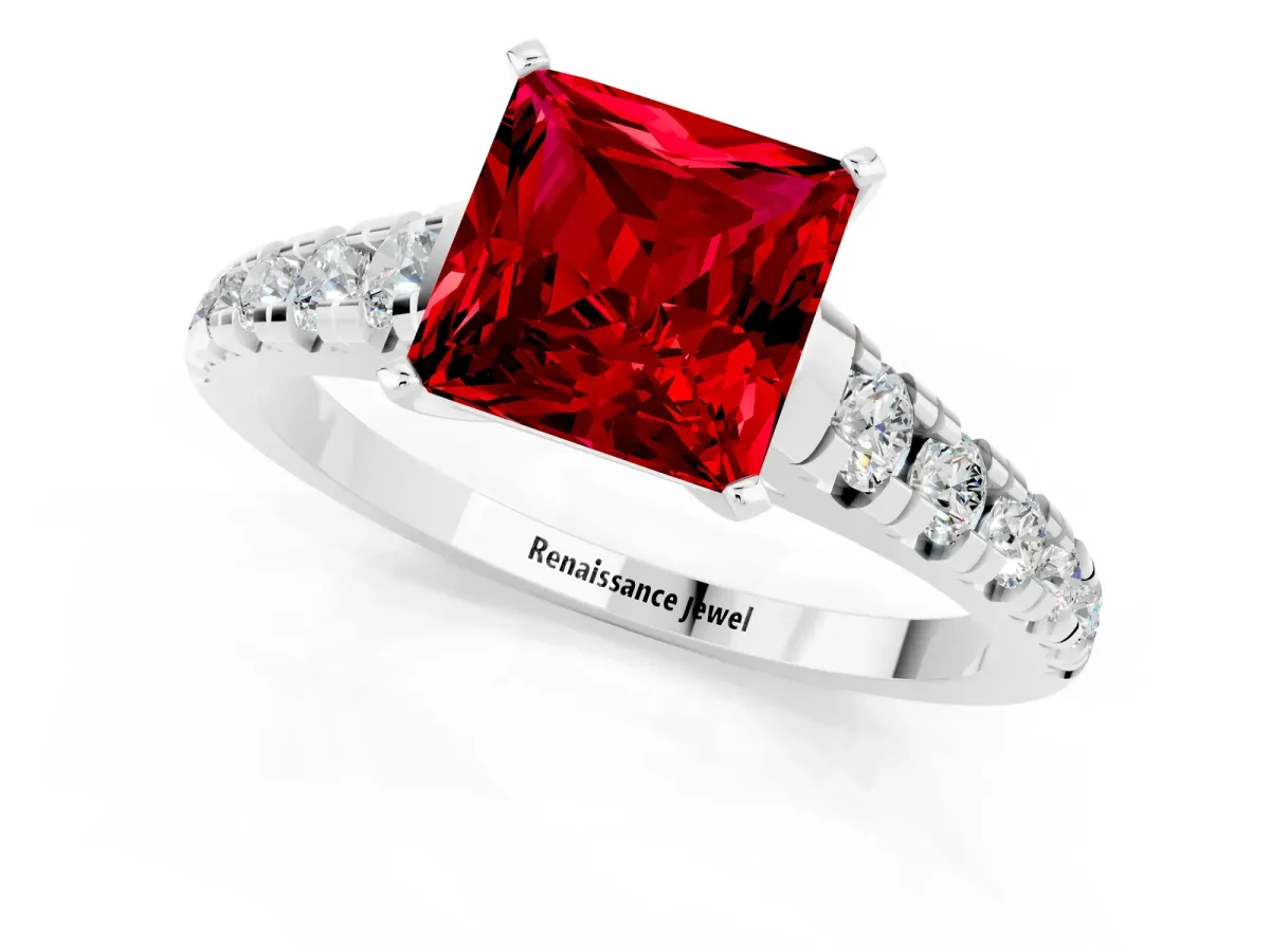 Princess Cut Ruby Cathedral Solitaire Ring with Round Pavé Band White gold