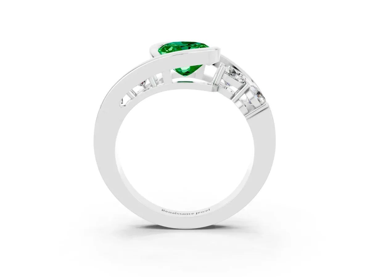 Bezel Set Oval Cut Emerald Bypass Ring with Round Accents Platinum