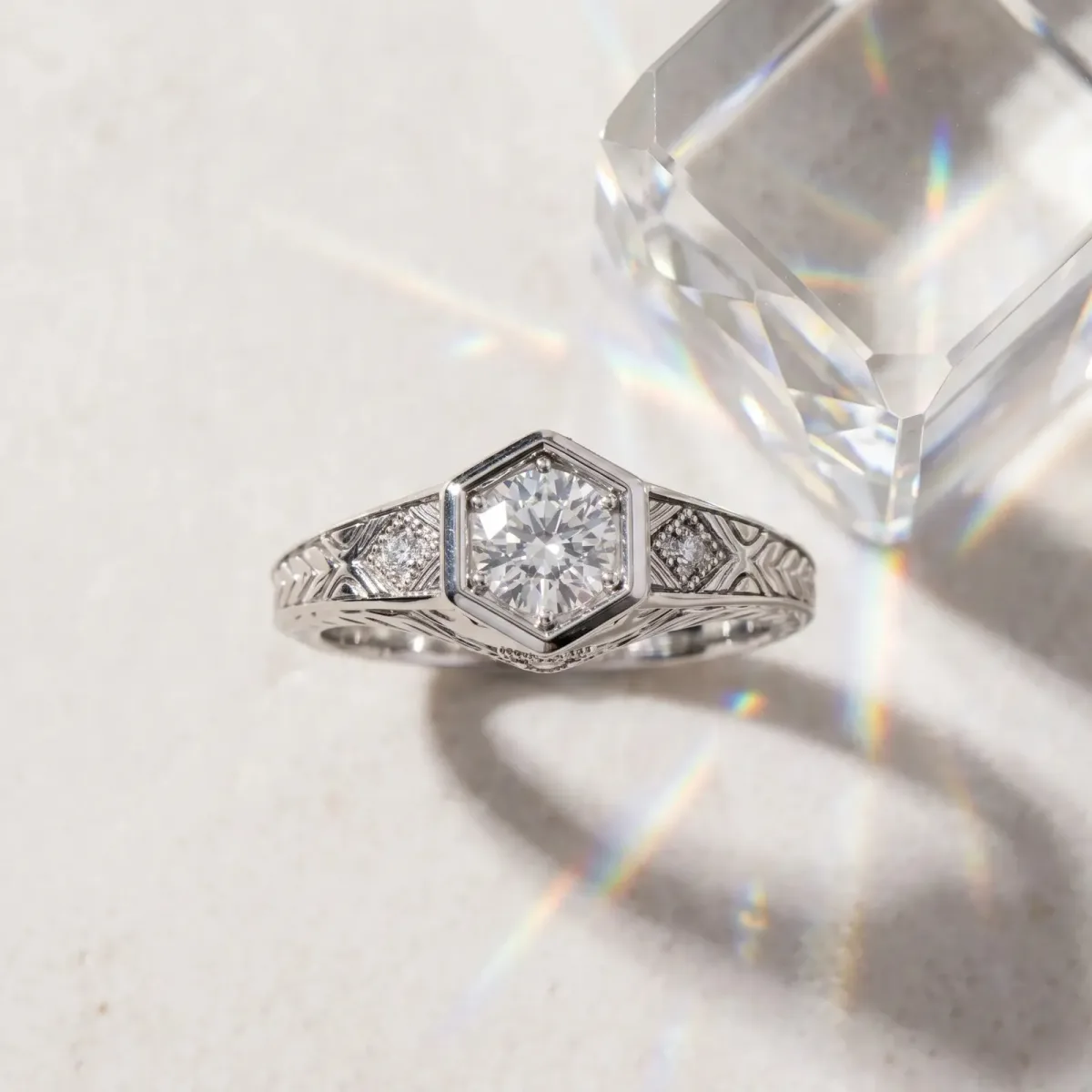 Hexagonal Bezel Round Cut Diamond Engraved Band Prong Ring Platinum
