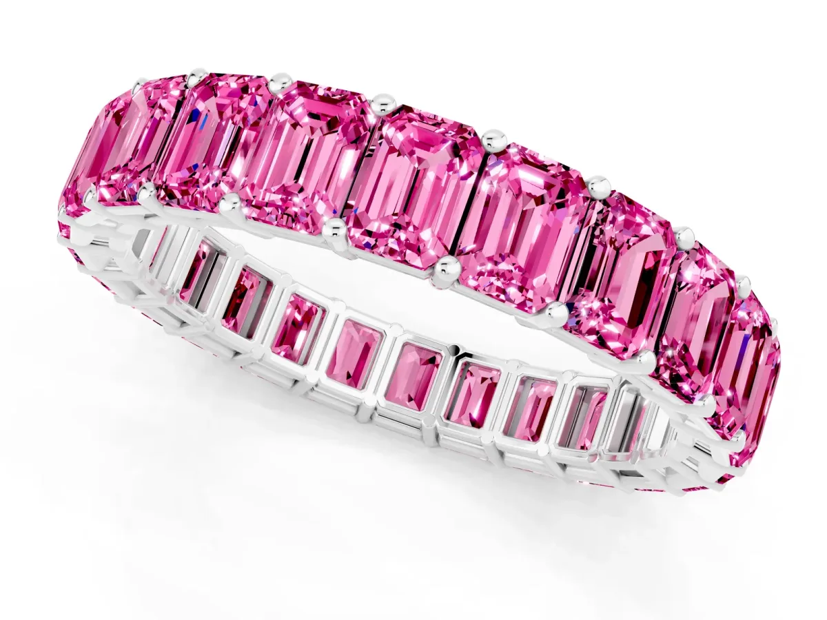 Emerald Cut Pink Sapphire Eternity Band with Shared Prong Setting Silver