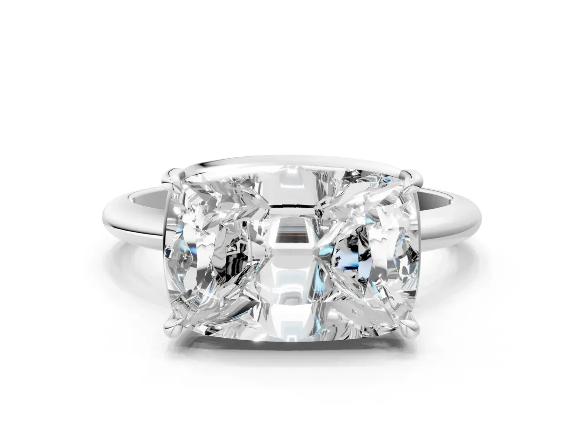 Old Mine Elongated Cushion Diamond East-West Bezel Set Four Claw Solitaire Ring White gold