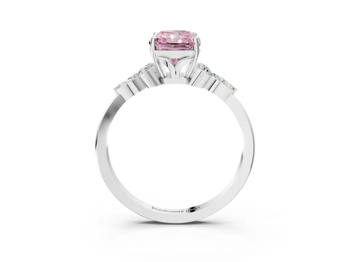 Fancy Pink Radiant Cut Brilliant Diamond Solitaire Ring with Pear Side Stones and Four-Prong Setting Platinum