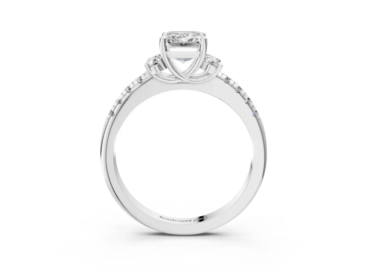 Emerald Cut Diamond Three-Stone Pave Band with Four-Prong Setting Silver