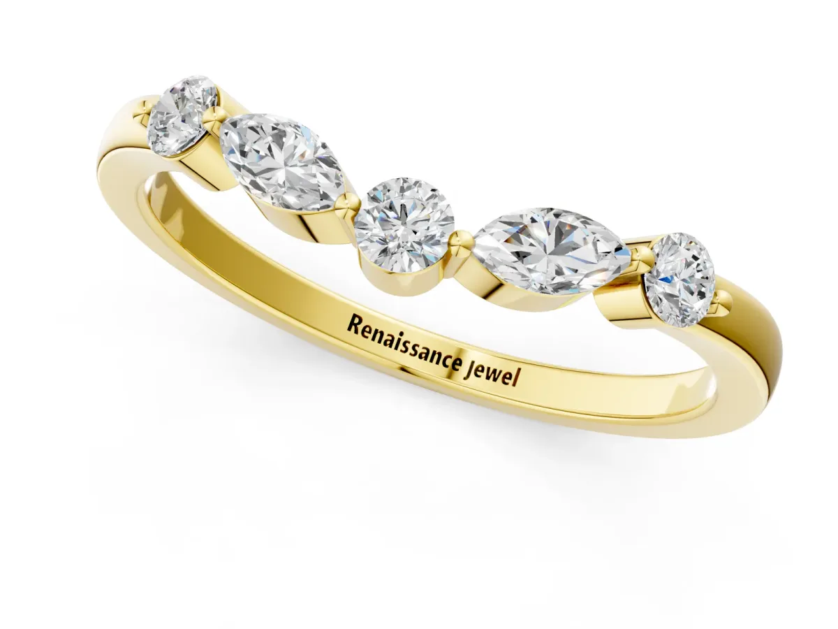 Round and Marquise Diamond Half Eternity Band with Prong Setting Yellow gold