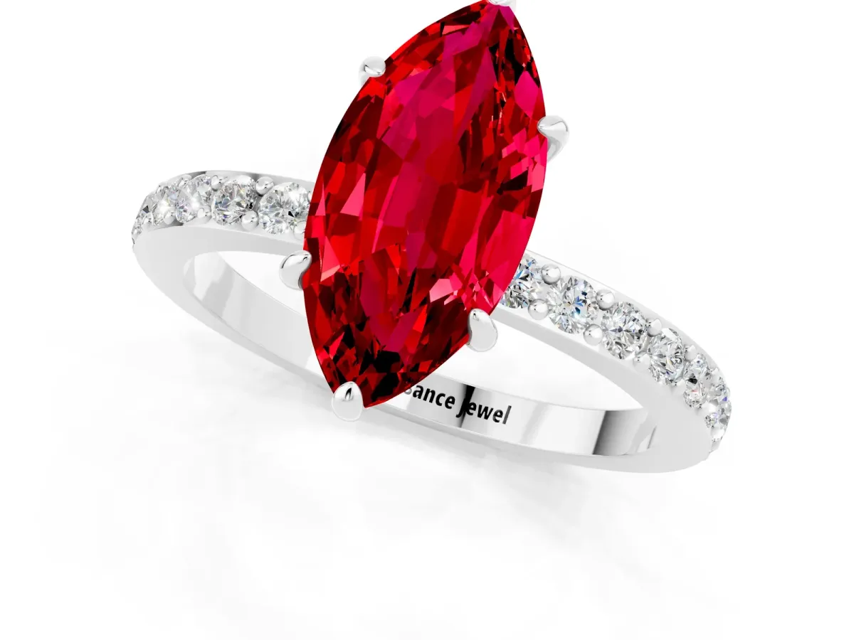 Marquise Cut Ruby Solitaire Engagement Ring with Pavé Band and Four-Prong Setting Platinum