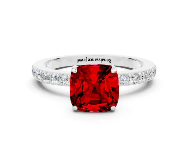 Cushion Cut Ruby Solitaire Engagement Ring with Pavé Band and Four-Prong Setting Platinum