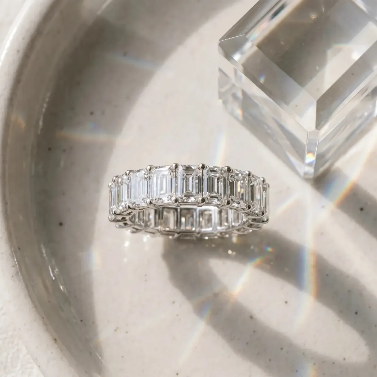 Emerald Cut Diamond Eternity Band with Shared Prong Setting Platinum