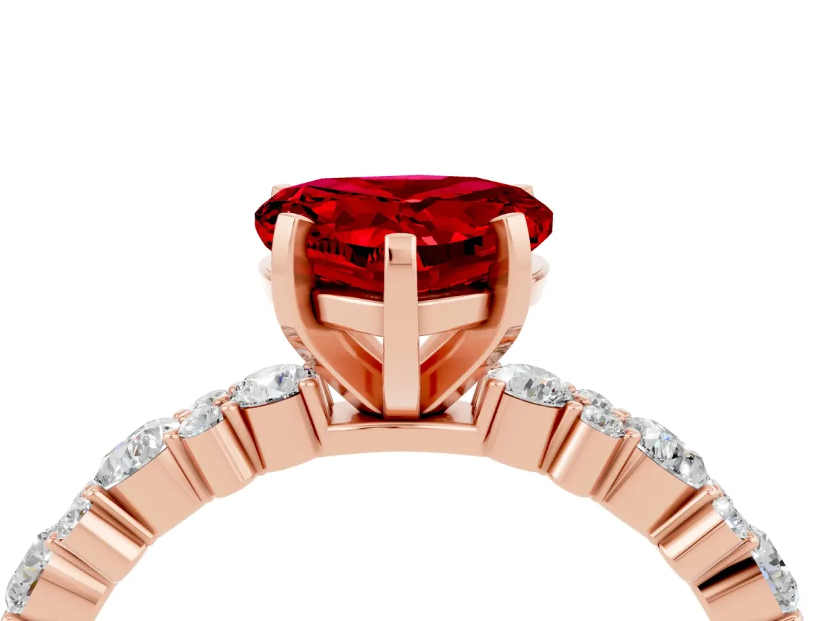 Heart Cut Ruby Side Stone Solitaire Ring with Round and Four-Prong Setting Rose gold