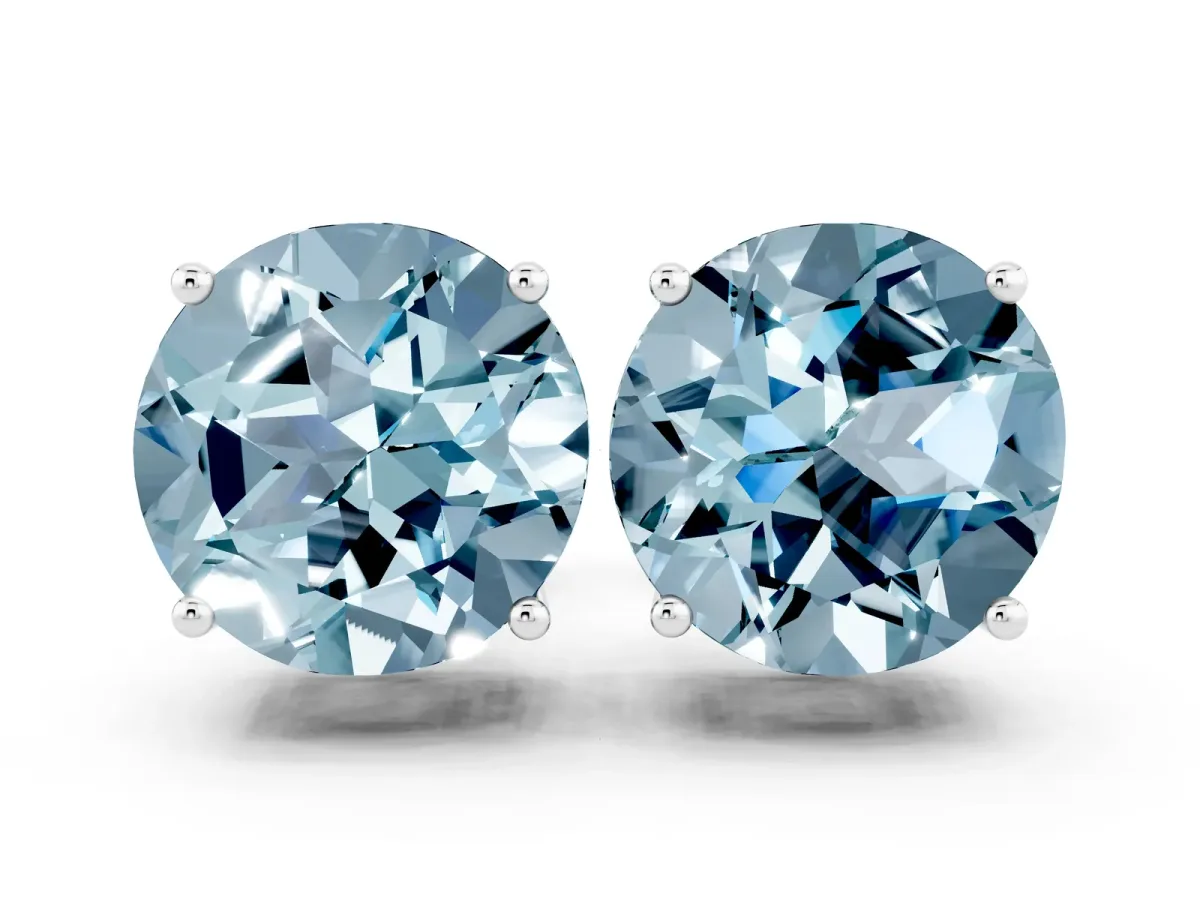 Round Cut Aquamarine Stud Earrings Silver