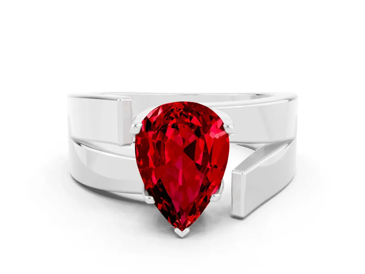 Modern Tension Set Pear Cut Ruby Solitaire Wide Band Ring Platinum