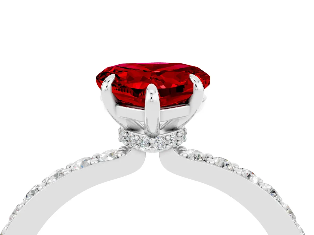 Heart Cut Ruby Solitaire Engagement Ring with Pavé Band and Four-Prong Setting White gold