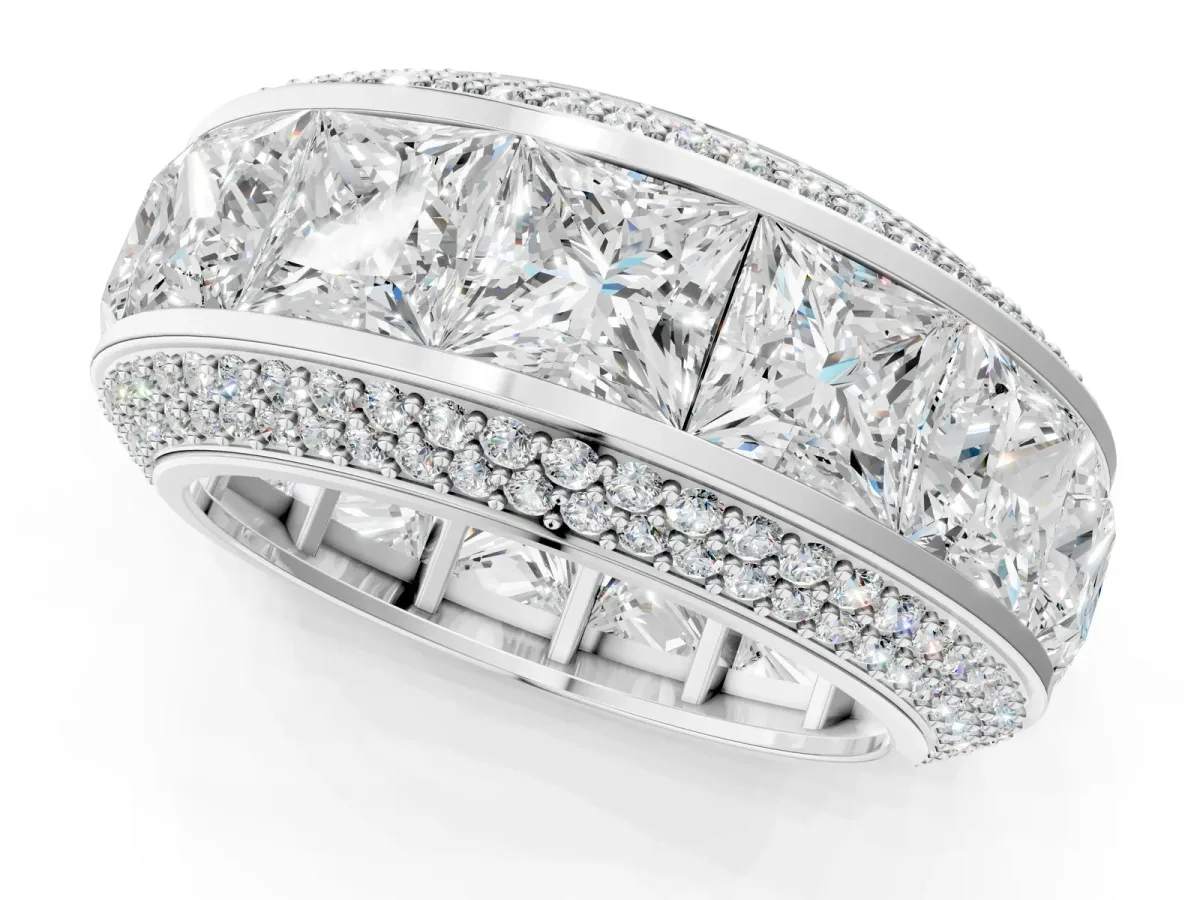 Princess Diamond Pavé Mens Wedding Band with Round Diamond Accents Platinum