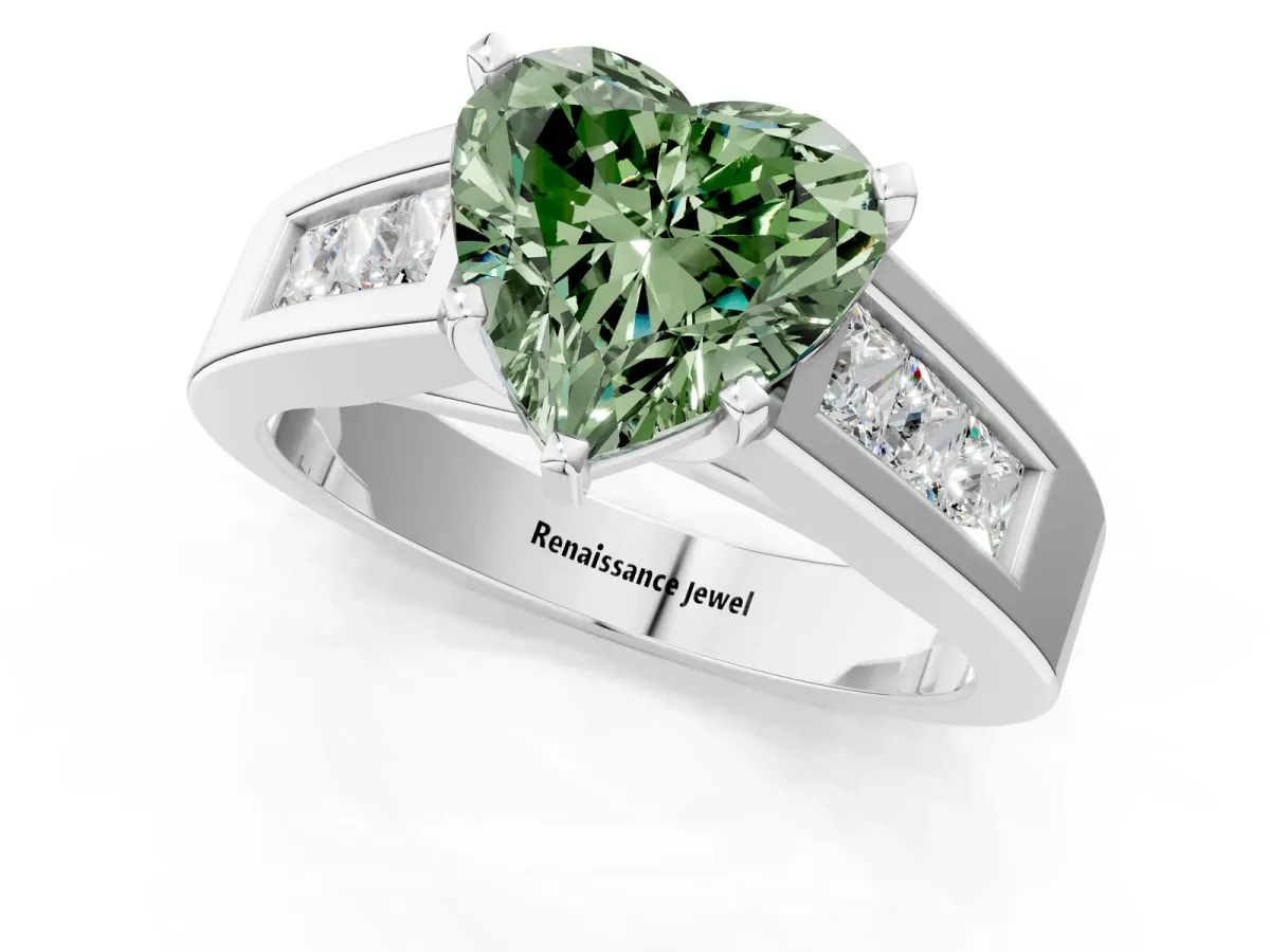 Fancy Green Heart Cut Cut Channel Set Solitaire Ring with Four-Prong Setting Silver