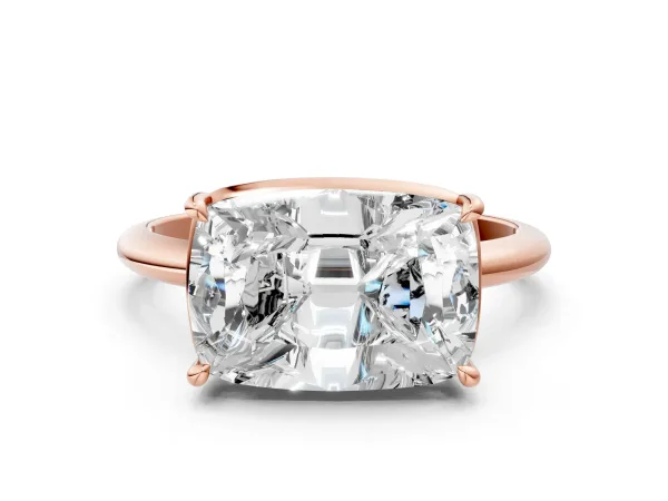 Old Mine Elongated Cushion Diamond East-West Bezel Set Four Claw Solitaire Ring Rose gold