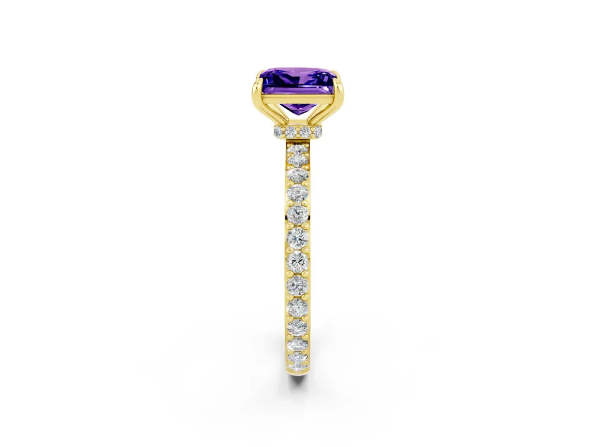 Princess Cut Tanzanite Solitaire Engagement Ring with Pavé Band and Four-Prong Setting Yellow gold