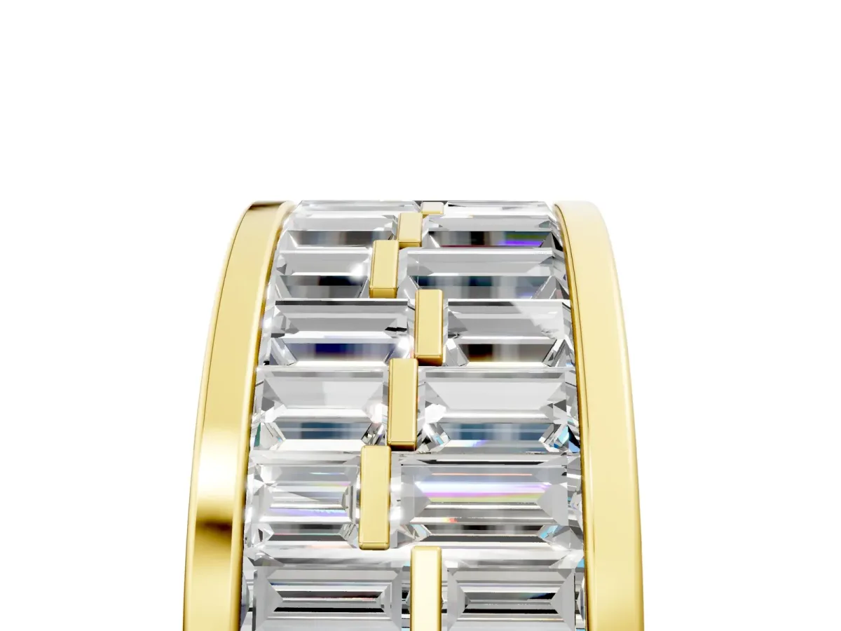 Baguette Diamond Staggered Two-Row Mens Band Yellow gold