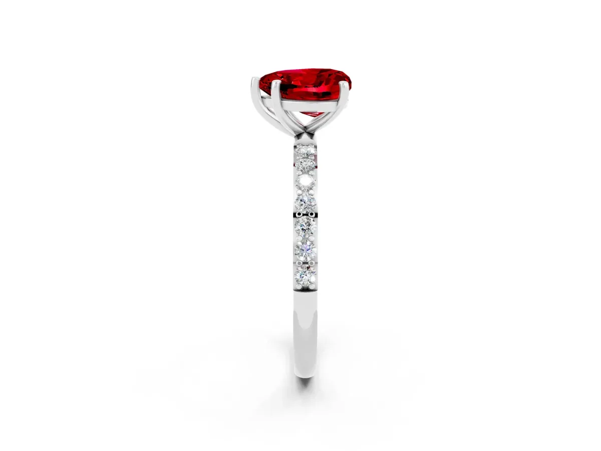 Heart Cut Ruby Solitaire Ring with Round Pavé Band and Prong Setting Silver