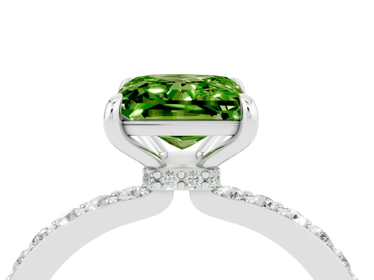 Princess Cut Peridot Solitaire Engagement Ring with Pavé Band and Four-Prong Setting White gold