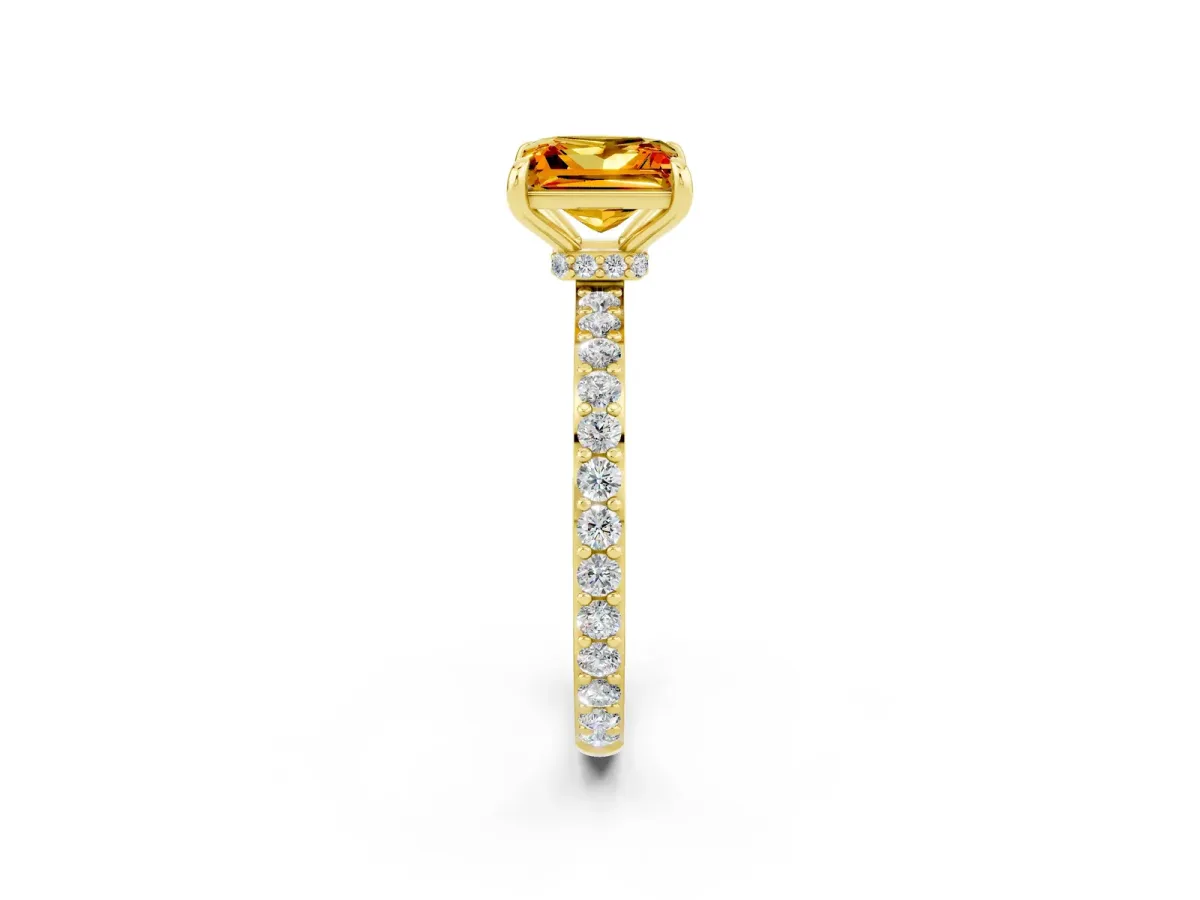 Princess Cut Citrine Solitaire Engagement Ring with Pavé Band and Four-Prong Setting Yellow gold