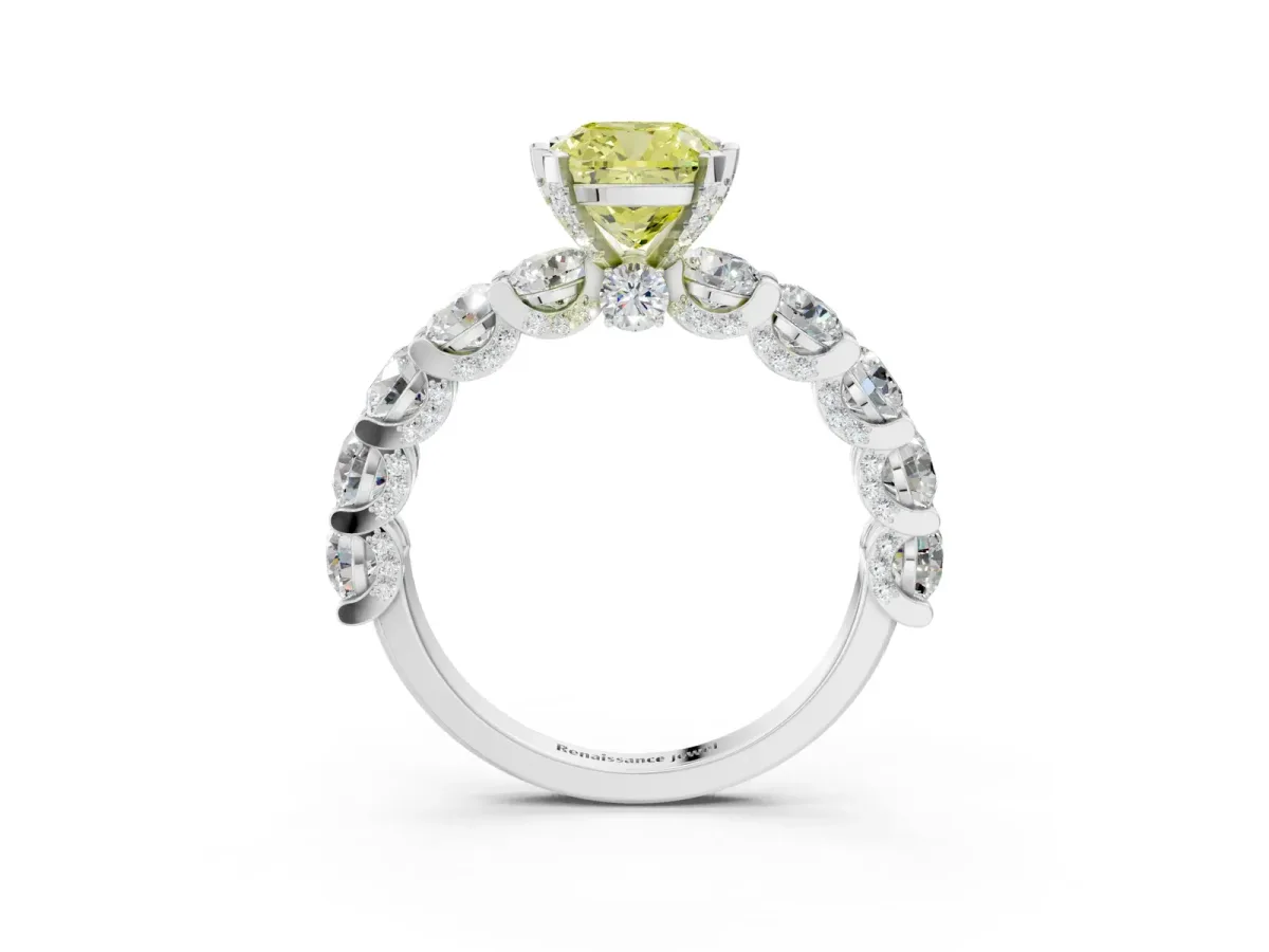 Fancy Yellow Cushion Cut Diamond Side Stone Engagement Ring with Four-Prong Setting White gold