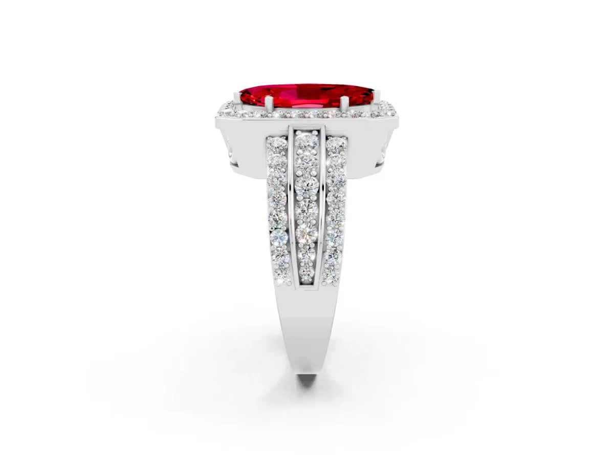 Marquise Cut Halo Ruby Ring with Round Split Shank and Prong Setting Platinum