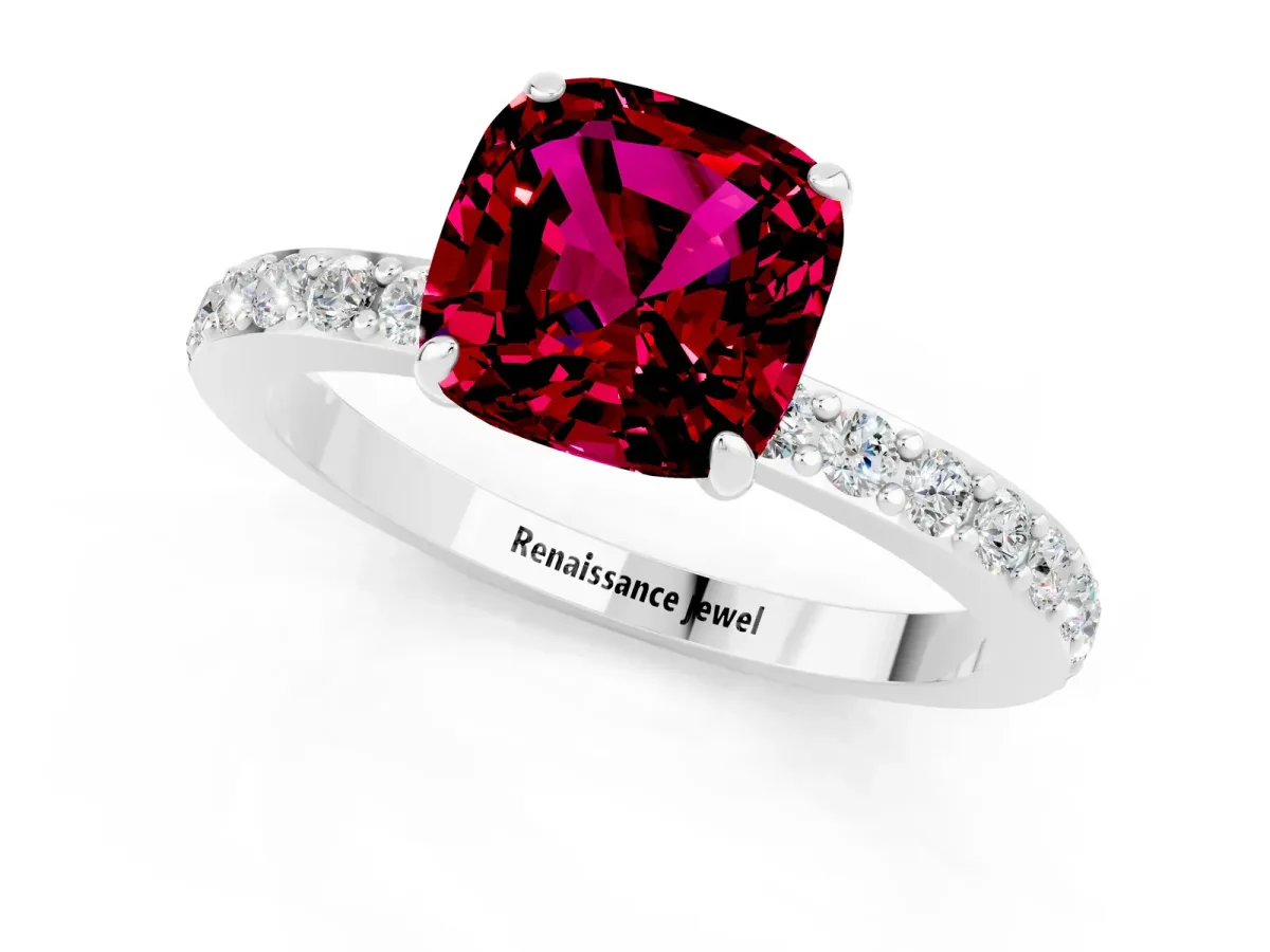 Cushion Cut Garnet Solitaire Engagement Ring with Pavé Band and Four-Prong Setting White gold